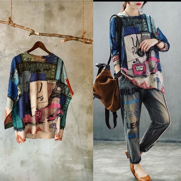 Oversized cotton knit Retro print Paris sweater - Picture 6 of 8